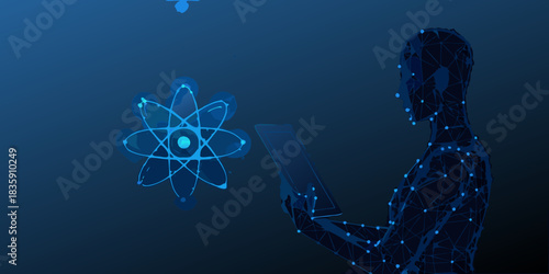 Digital human with tablet and atom symbol in a dark blue background