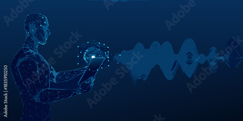 Digital man using tablet with sound wave visualization in dark blue
