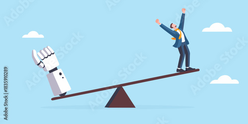 Human and ai balance on a seesaw illustrating competition and collaboration
