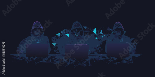Abstract hackers with laptops in the dark web cybercrime concept