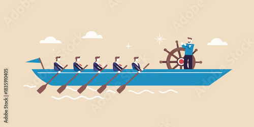 Teamwork and leadership business people rowing boat with captain at the helm