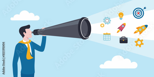Businessman looking through telescope at business goals and opportunities