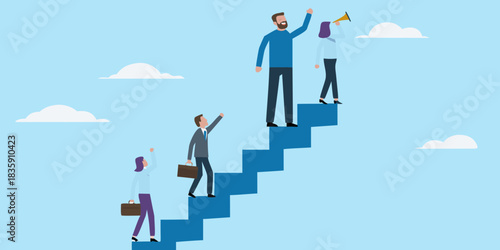 Business team climbing stairs to success in a blue sky
