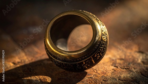 A close-up shot of a golden ring with intricate carvings resting on a textured surface, bathed in warm light.