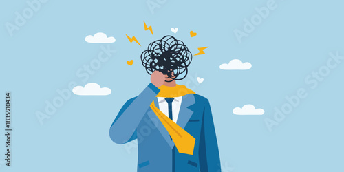 Businessman with tangled thoughts and mental health struggles illustration on blue background
