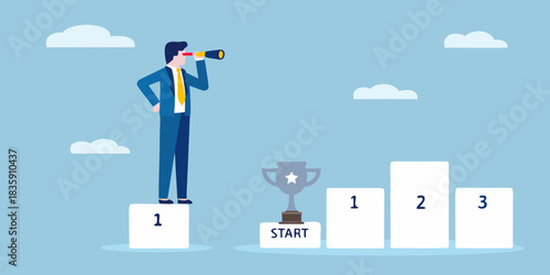 Businessman looking through a telescope on a podium vision and strategy concept