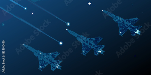 Abstract illustration of fighter jets flying in a dark blue night sky with glowing trails