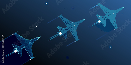 Three stylized fighter jets flying in formation against a dark blue background