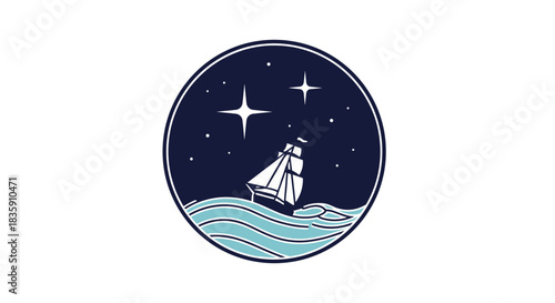 An elegant circular logo depicting a classic sailing ship on ocean waves under a dark blue night sky with bright twinkling stars.