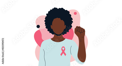A strong, resilient individual with a breast cancer awareness ribbon, raising their fist in solidarity and hope, against a backdrop of abstract pink shapes.
