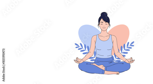 A calm and serene young woman meditating in a lotus position, fostering peace and mental well-being against a gentle, abstract background.