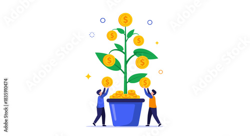 Two people cultivate a money tree filled with dollar coins, symbolizing financial growth, successful investment, and wealth creation.