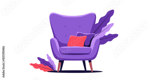 A stylized illustration featuring a modern purple armchair with cushions, surrounded by vibrant purple and red leaves, against a clean white background.