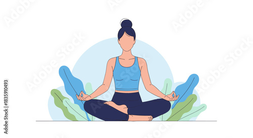 Young woman practicing meditation in a peaceful setting, sitting in lotus position with hands in mudra, surrounded by nature elements.