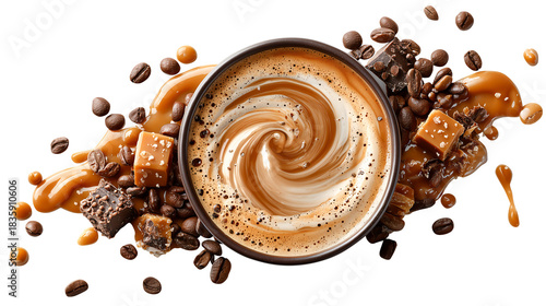 Caramel latte swirl coffee cup creamy foam chocolate chunk caramel drizzle coffee bean sweet dessert rich flavor cafe drink gourmet beverage with cozy mood and inviting warmth, isolated