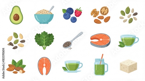 Refreshing Colorful Flat Vector Healthy Food & Superfood Icons on White Background