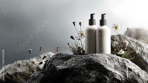 Minimalist Skincare Bottles on Rocky Surface Surrounded by Wildflowers in Natural Light