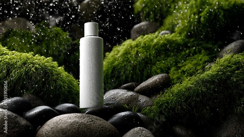 White Cosmetic Bottle Standing on Mossy Stones with Water Droplets in Natural Spa Setting
