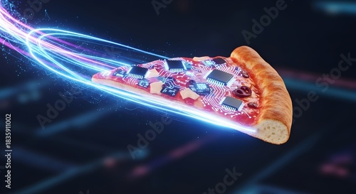 Cyber pizza slice with circuitry and light trails, futuristic food concept