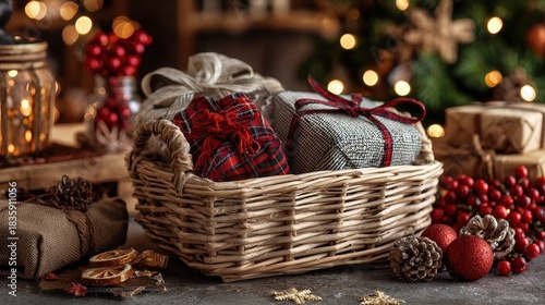 Holiday and Christmas and New year present concept. Gift basket, Gift set. 