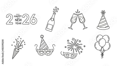 New Year Celebration Elements: Celebrate New Year with a collection of line art illustrations, including champagne bottle, champagne glasses, party hats, confetti cone, masquerade masks, fireworks.