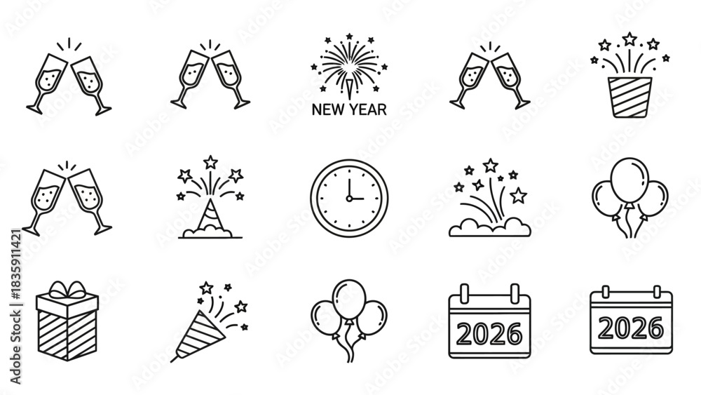 Fototapeta premium A collection of line art icons representing New Year's Eve celebrations and party elements, including fireworks, champagne, and calendars.