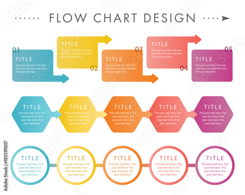 鮮やかなグラデーションカラーの矢印型テキストボックスと六角形で構成された、業務プロセスやスケジュールの進行を表す5ステップのフローチャートインフォグラフィック