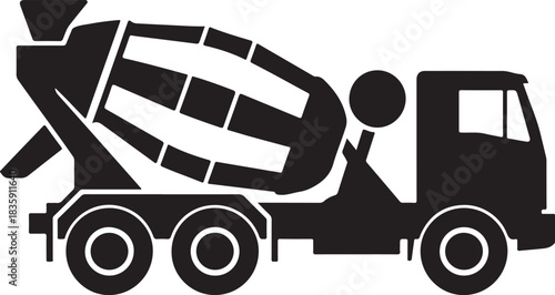 A stark black silhouette of a concrete mixer truck on a white background representing construction and industry silhouette 