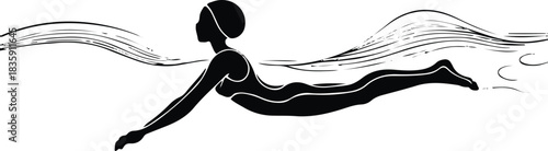 Minimal line art of a human figure swimming in calm water, created with a single flowing stroke and gentle wave lines 1