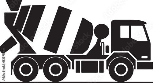 A stark black silhouette of a concrete mixer truck on a white background representing construction and industry silhouette 