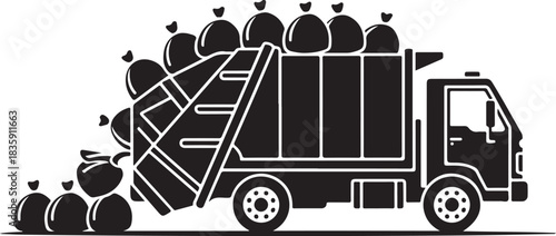 A black silhouette of a garbage truck overflowing with trash bags