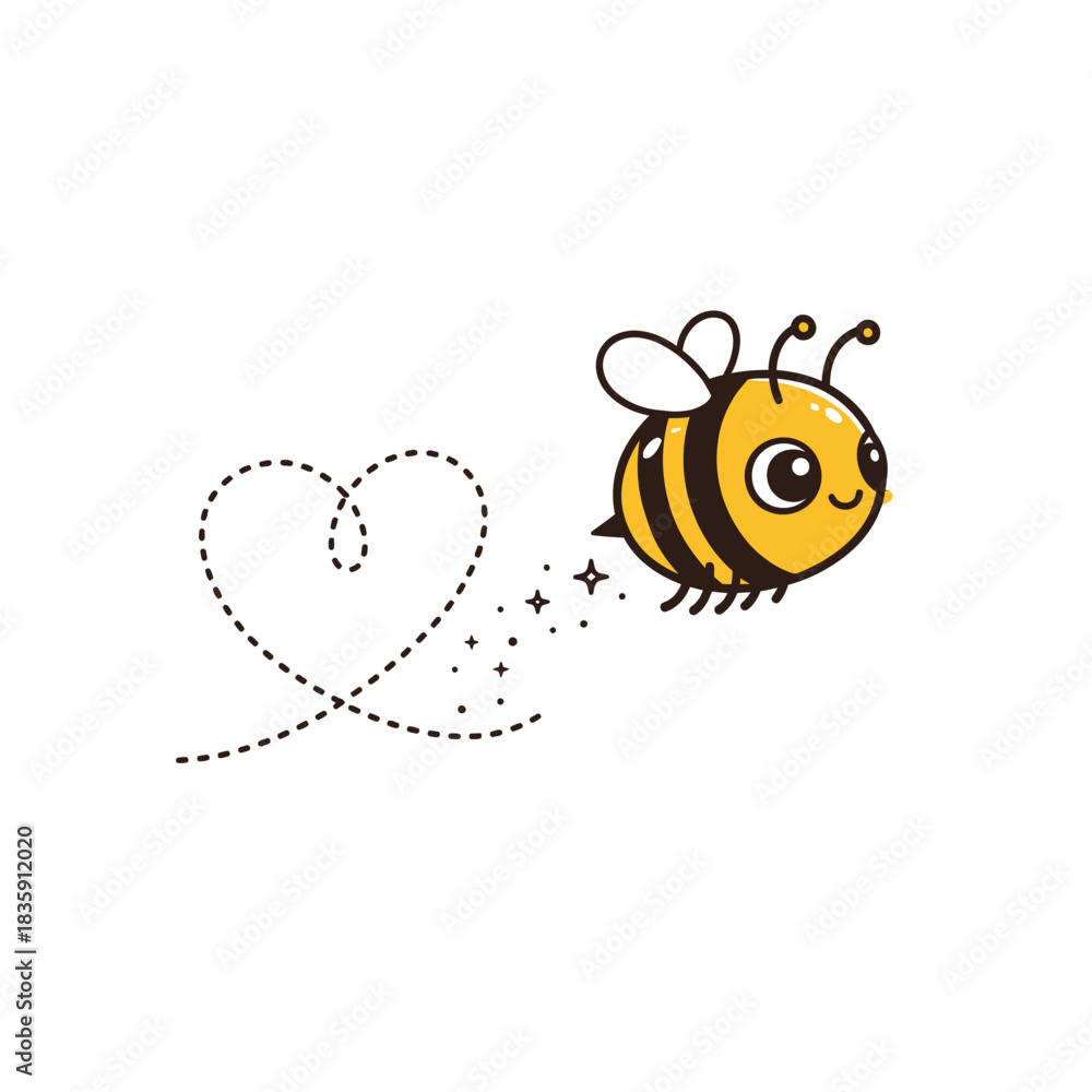 Obraz premium Adorable Cartoon Bee Flying and Trailing a Dotted Heart Path (Vector Illustration)