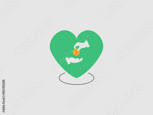 A green heart graphic with one hand dropping a dollar coin into an open receiving hand symbolizing charity donation or financial giving