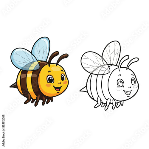 Cute Cartoon Bee Illustration with Matching Coloring Page Outline