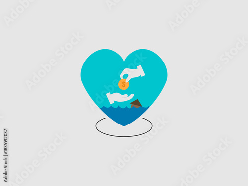 A blue heart graphic showing a hand donating a coin to another hand emerging from floodwaters