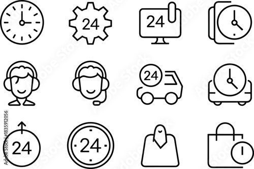 "24/7 Service Line Icons Set: Customer Support, All-Day Delivery, Clock, Gear, Call Center, Around the Clock, Time Management, Business Availability, E-commerce"