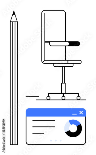 Office preparation, productivity tools, digital workspace, business analysis, creative design, work-life balance. Graphic ion of a chair, pencil and analytic dashboard. Office preparation
