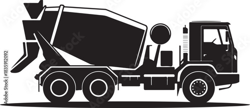 Black silhouette of a concrete mixer truck with a rotating drum on a white background