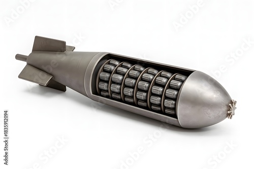 Deactivated Cluster Bomb Cross-Section — Photorealistic Cutaway with Internal Chambers on White Background
