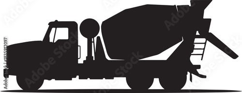Black silhouette of a concrete mixer truck with a rotating drum on a white background