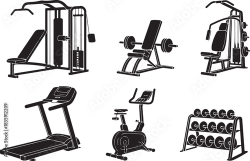 Black silhouette of gym equipment for fitness training isolated with Transparent Background
