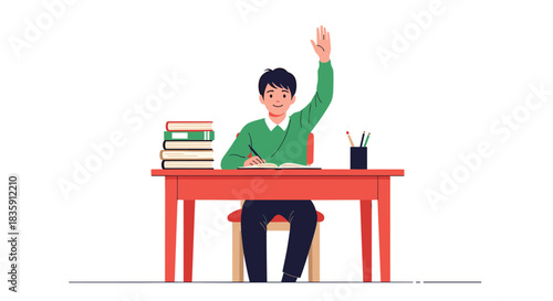 A young student with a raised hand sitting at a desk with books and pencils ready to answer a question in class.