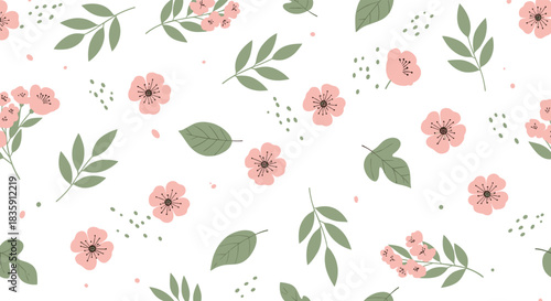 A delicate floral pattern featuring scattered pink blossoms and soft green leaves on a white background.