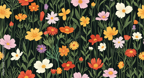 A vibrant tapestry of colorful wildflowers blooming in a lush green field.