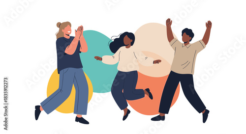 A group of diverse people celebrating and enjoying themselves with colorful abstract shapes in the background.