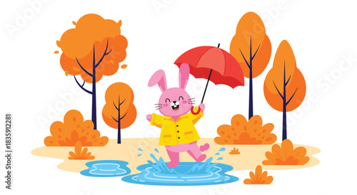 A happy rabbit wearing a yellow raincoat jumps in puddles under a red umbrella during autumn.