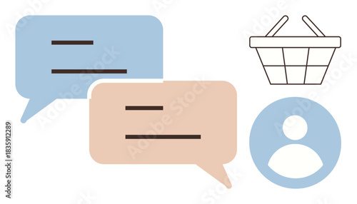 Two speech bubbles for customer interaction, a user profile icon for identity, and a shopping basket for e-commerce. Ideal for customer support, online shopping, communication apps, user interface