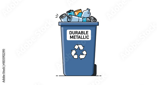 A blue recycling bin overflowing with various types of plastic bottles and containers is depicted with the recycling symbol.