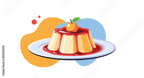 Delicious creamy dessert topped with sweet fruit sauce and a fresh green leaf on a white plate with abstract shapes in the background.