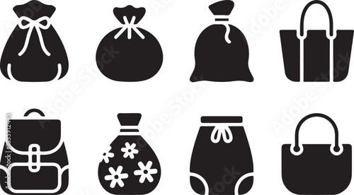 Christmas gift bag simple vector icon set. christmas silhouette icons on black color and white background
